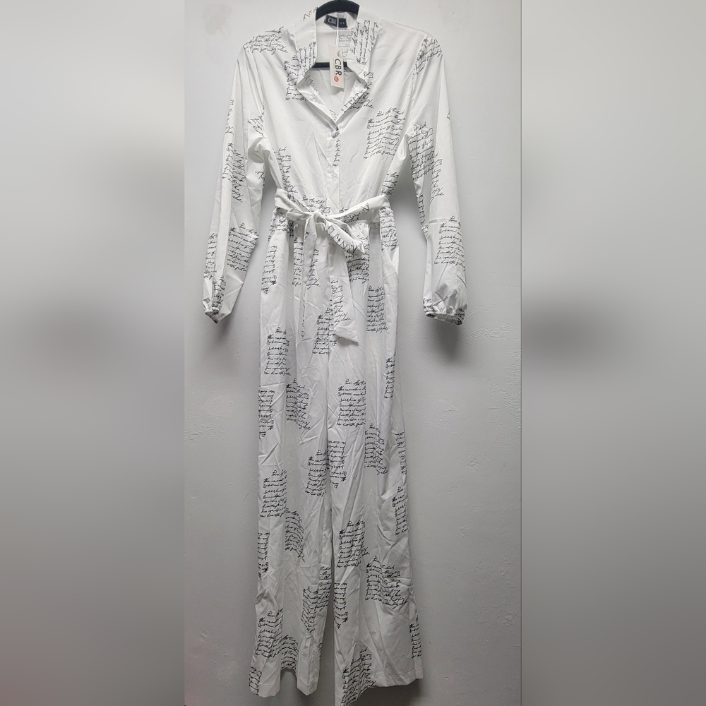 NWT White Script Print Jumpsuit Women's Size L/XL - Picture 7 of 8